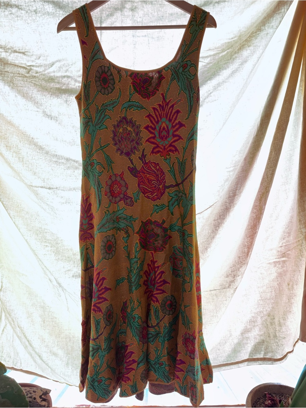 Peruvian Connection Mustard Maxi Dress with Teal & Pink Floral Print